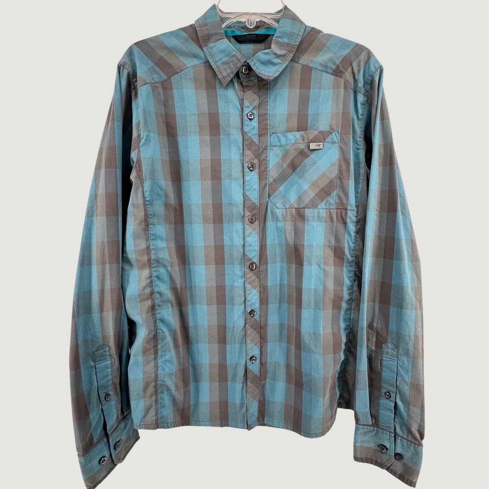 Arcteryx Button Down Mens Medium Teal Grey Plaid Long Sleeve Cotton Blend Shirt